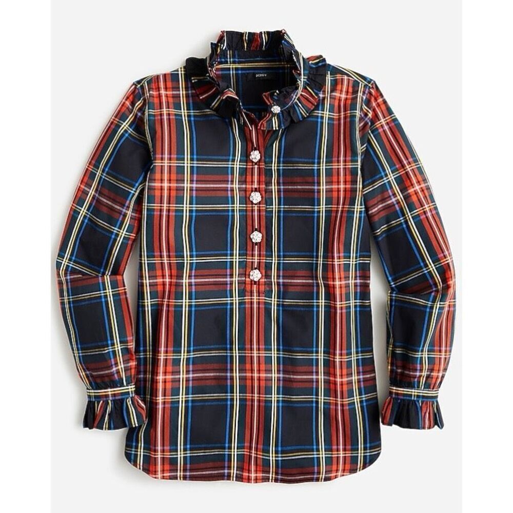 J.Crew Classic-Fit Ruffleneck Jewel-Button Popover Tartan